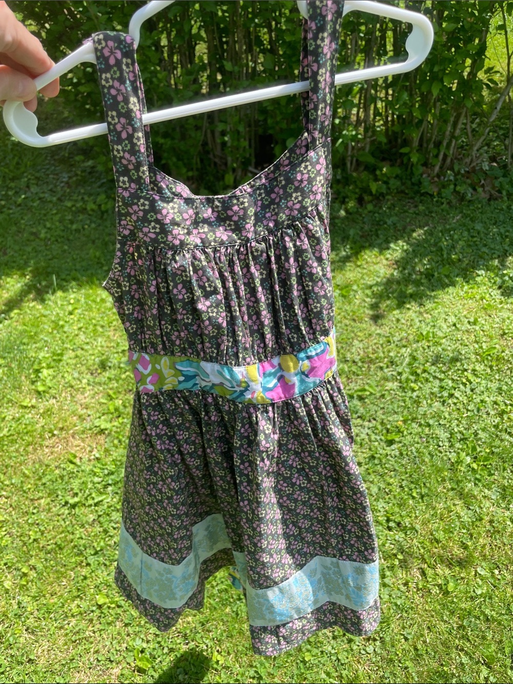 Vintage Matilda Jane black floral sundress with pink and blue accents